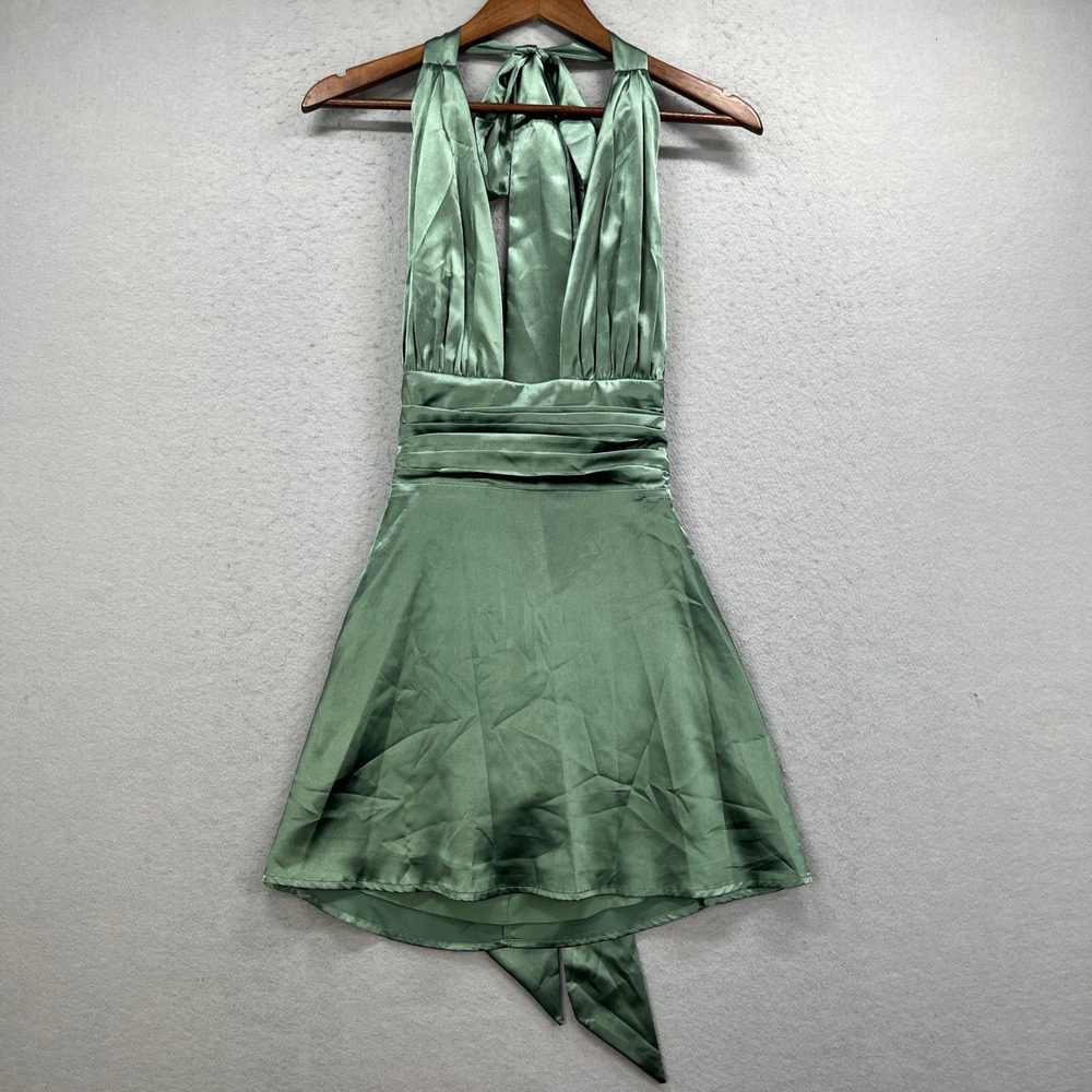 Lucy in the Sky Dress Womens Small Green Satin Halter Backless Party Cocktail
